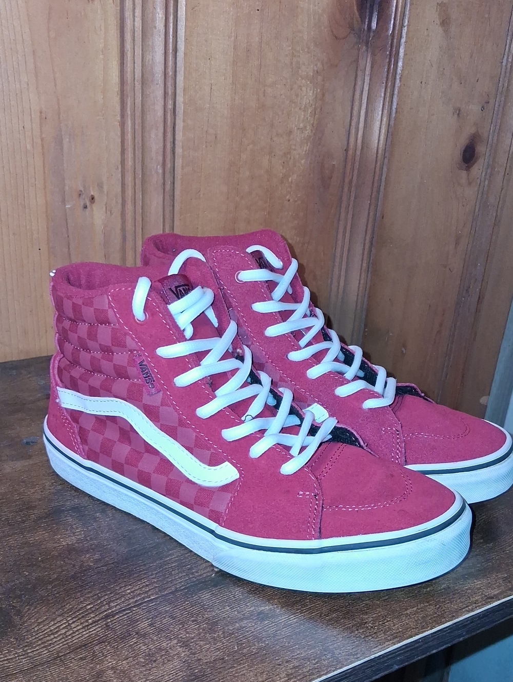 Vans Pink Checkerboard High-Top Sneakers with White Stripe